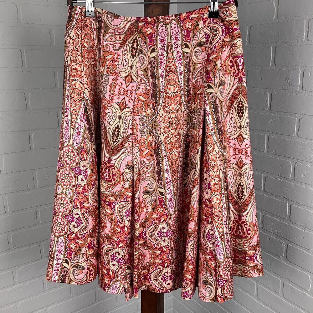 WDNY Skirt Women 8 Pink Orange Paisley Gore Pleat Lagenlook Boho‎ Peasant Silk